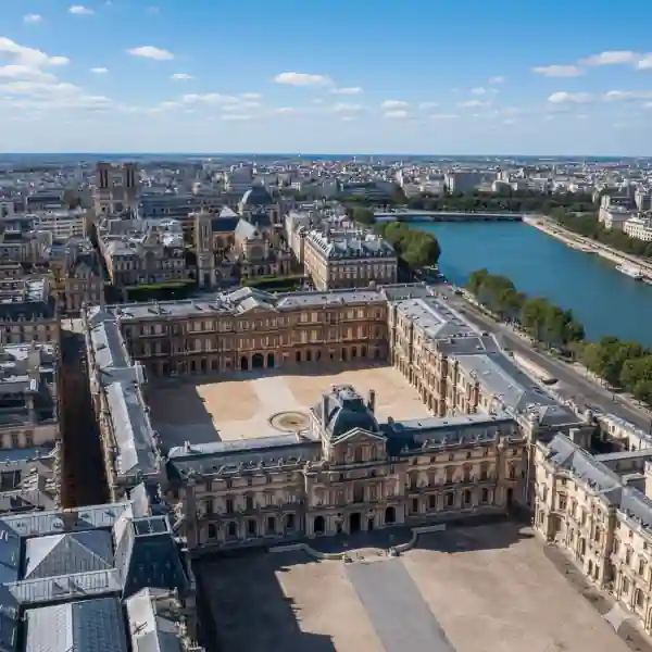 Aerial rendering of the Louvre in Paris, France.