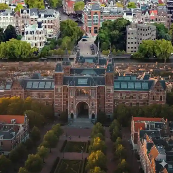 Aerial rendering of the Rijksmuseum in Amsterdam, Netherlands.