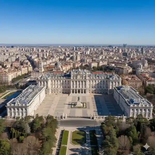 Aerial rendering of the Royal Palace in Madrid, Spain.